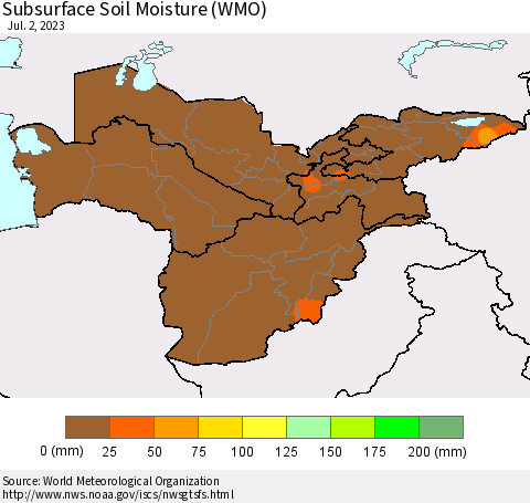 Central Asia Subsurface Soil Moisture (WMO) Thematic Map For 6/26/2023 - 7/2/2023