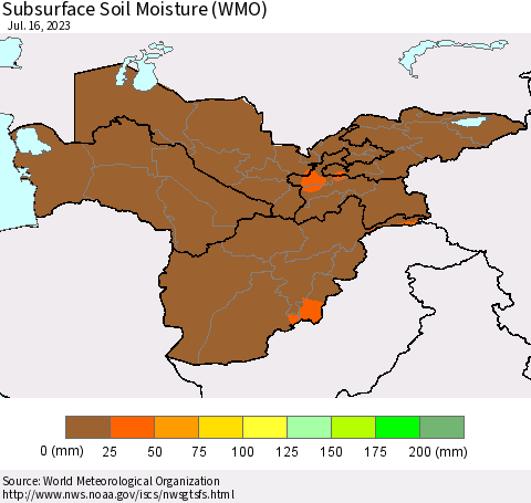 Central Asia Subsurface Soil Moisture (WMO) Thematic Map For 7/10/2023 - 7/16/2023