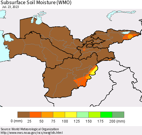Central Asia Subsurface Soil Moisture (WMO) Thematic Map For 7/17/2023 - 7/23/2023