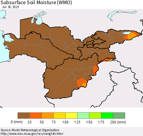 Central Asia Subsurface Soil Moisture (WMO) Thematic Map For 7/24/2023 - 7/30/2023