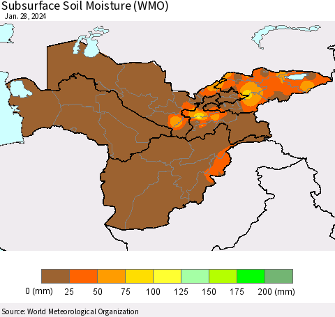 Central Asia Subsurface Soil Moisture (WMO) Thematic Map For 1/22/2024 - 1/28/2024