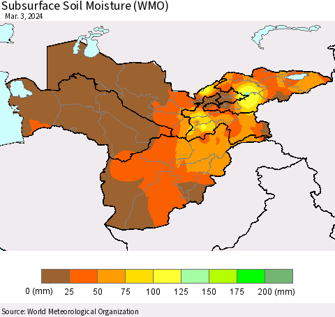 Central Asia Subsurface Soil Moisture (WMO) Thematic Map For 2/26/2024 - 3/3/2024
