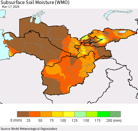 Central Asia Subsurface Soil Moisture (WMO) Thematic Map For 3/11/2024 - 3/17/2024