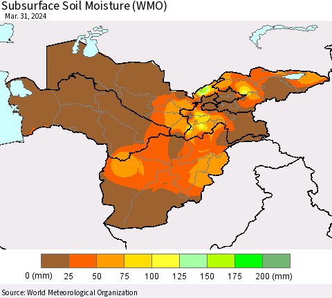 Central Asia Subsurface Soil Moisture (WMO) Thematic Map For 3/25/2024 - 3/31/2024