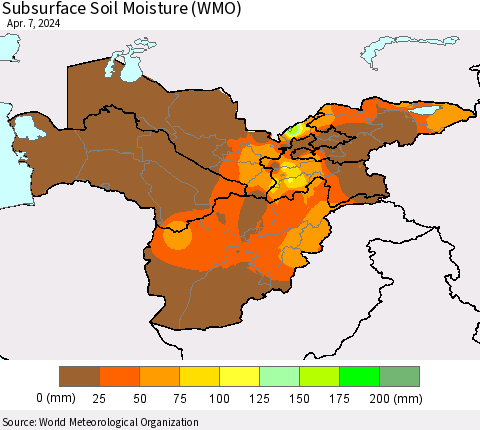 Central Asia Subsurface Soil Moisture (WMO) Thematic Map For 4/1/2024 - 4/7/2024