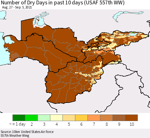 Central Asia Number of Dry Days in past 10 days (USAF 557th WW) Thematic Map For 9/1/2021 - 9/5/2021