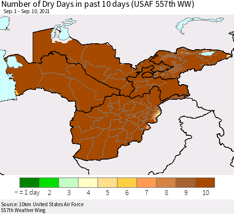 Central Asia Number of Dry Days in past 10 days (USAF 557th WW) Thematic Map For 9/6/2021 - 9/10/2021