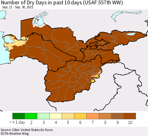 Central Asia Number of Dry Days in past 10 days (USAF 557th WW) Thematic Map For 9/26/2021 - 9/30/2021