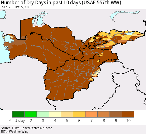 Central Asia Number of Dry Days in past 10 days (USAF 557th WW) Thematic Map For 10/1/2021 - 10/5/2021