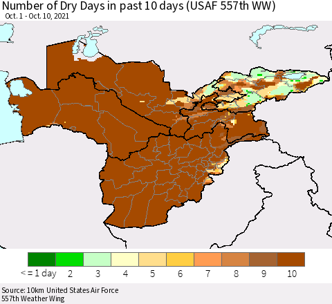Central Asia Number of Dry Days in past 10 days (USAF 557th WW) Thematic Map For 10/6/2021 - 10/10/2021