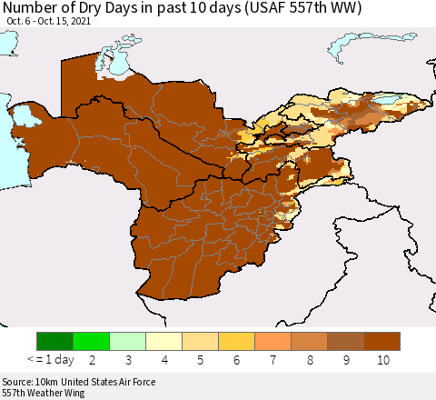 Central Asia Number of Dry Days in past 10 days (USAF 557th WW) Thematic Map For 10/11/2021 - 10/15/2021