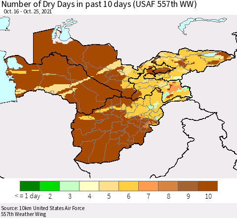 Central Asia Number of Dry Days in past 10 days (USAF 557th WW) Thematic Map For 10/21/2021 - 10/25/2021