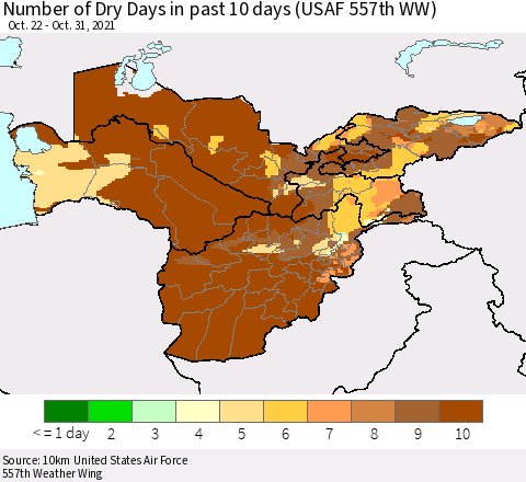 Central Asia Number of Dry Days in past 10 days (USAF 557th WW) Thematic Map For 10/26/2021 - 10/31/2021