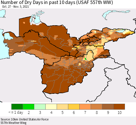Central Asia Number of Dry Days in past 10 days (USAF 557th WW) Thematic Map For 11/1/2021 - 11/5/2021