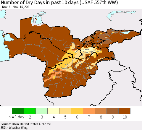 Central Asia Number of Dry Days in past 10 days (USAF 557th WW) Thematic Map For 11/11/2021 - 11/15/2021