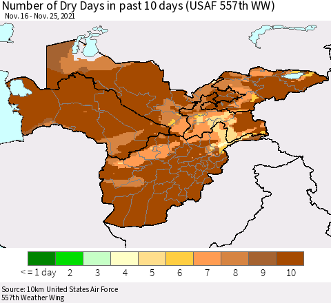 Central Asia Number of Dry Days in past 10 days (USAF 557th WW) Thematic Map For 11/21/2021 - 11/25/2021