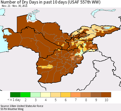 Central Asia Number of Dry Days in past 10 days (USAF 557th WW) Thematic Map For 11/26/2021 - 11/30/2021