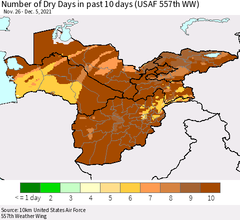 Central Asia Number of Dry Days in past 10 days (USAF 557th WW) Thematic Map For 12/1/2021 - 12/5/2021