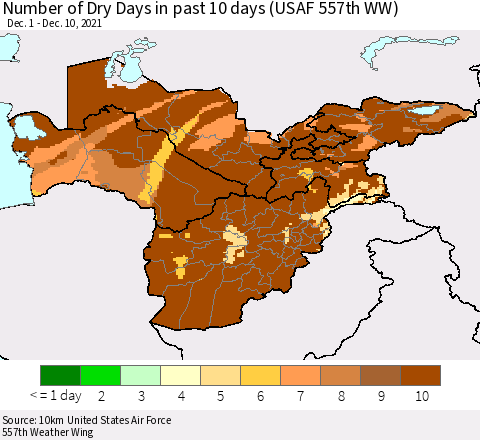 Central Asia Number of Dry Days in past 10 days (USAF 557th WW) Thematic Map For 12/6/2021 - 12/10/2021