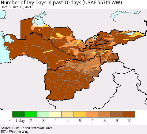 Central Asia Number of Dry Days in past 10 days (USAF 557th WW) Thematic Map For 12/11/2021 - 12/15/2021