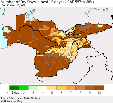 Central Asia Number of Dry Days in past 10 days (USAF 557th WW) Thematic Map For 12/16/2021 - 12/20/2021