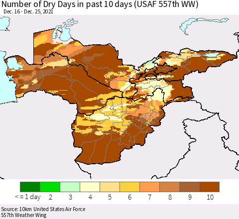 Central Asia Number of Dry Days in past 10 days (USAF 557th WW) Thematic Map For 12/21/2021 - 12/25/2021