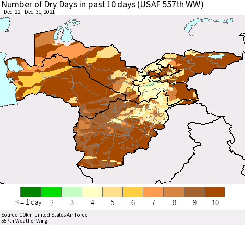Central Asia Number of Dry Days in past 10 days (USAF 557th WW) Thematic Map For 12/26/2021 - 12/31/2021