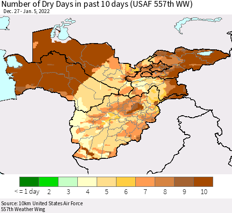 Central Asia Number of Dry Days in past 10 days (USAF 557th WW) Thematic Map For 1/1/2022 - 1/5/2022