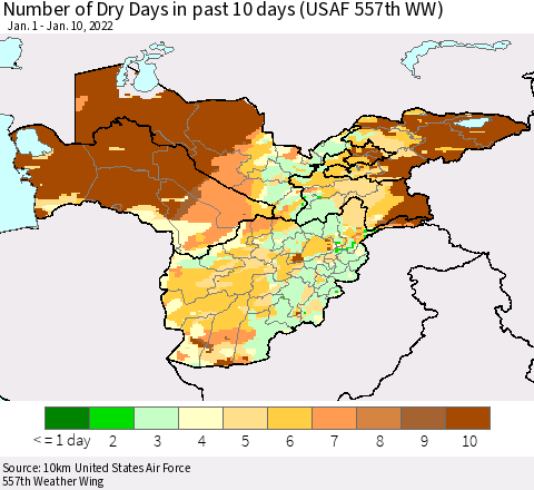 Central Asia Number of Dry Days in past 10 days (USAF 557th WW) Thematic Map For 1/6/2022 - 1/10/2022