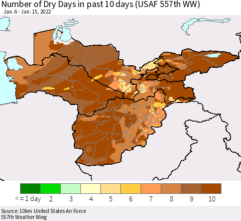 Central Asia Number of Dry Days in past 10 days (USAF 557th WW) Thematic Map For 1/11/2022 - 1/15/2022