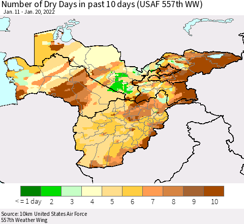 Central Asia Number of Dry Days in past 10 days (USAF 557th WW) Thematic Map For 1/16/2022 - 1/20/2022