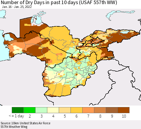 Central Asia Number of Dry Days in past 10 days (USAF 557th WW) Thematic Map For 1/21/2022 - 1/25/2022