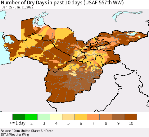 Central Asia Number of Dry Days in past 10 days (USAF 557th WW) Thematic Map For 1/26/2022 - 1/31/2022