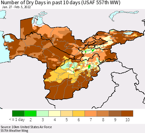 Central Asia Number of Dry Days in past 10 days (USAF 557th WW) Thematic Map For 2/1/2022 - 2/5/2022