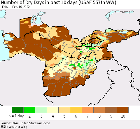 Central Asia Number of Dry Days in past 10 days (USAF 557th WW) Thematic Map For 2/6/2022 - 2/10/2022