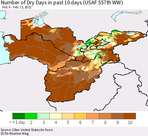 Central Asia Number of Dry Days in past 10 days (USAF 557th WW) Thematic Map For 2/11/2022 - 2/15/2022