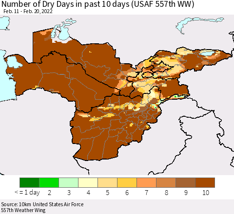 Central Asia Number of Dry Days in past 10 days (USAF 557th WW) Thematic Map For 2/16/2022 - 2/20/2022