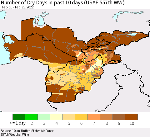 Central Asia Number of Dry Days in past 10 days (USAF 557th WW) Thematic Map For 2/21/2022 - 2/25/2022