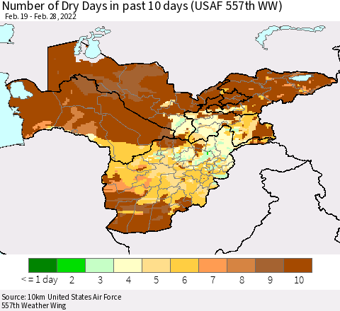 Central Asia Number of Dry Days in past 10 days (USAF 557th WW) Thematic Map For 2/26/2022 - 2/28/2022