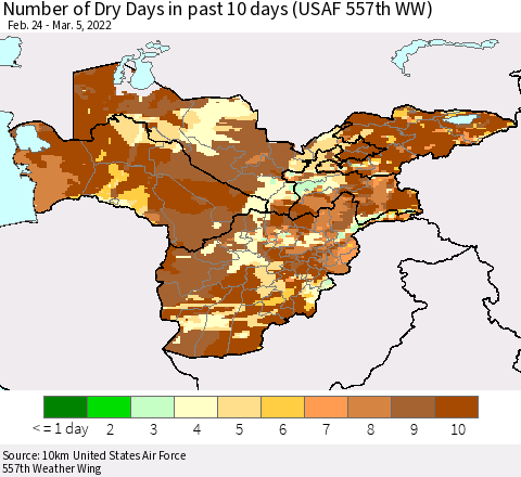 Central Asia Number of Dry Days in past 10 days (USAF 557th WW) Thematic Map For 3/1/2022 - 3/5/2022