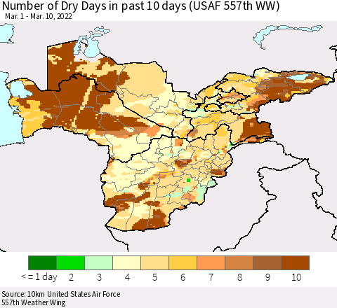 Central Asia Number of Dry Days in past 10 days (USAF 557th WW) Thematic Map For 3/6/2022 - 3/10/2022
