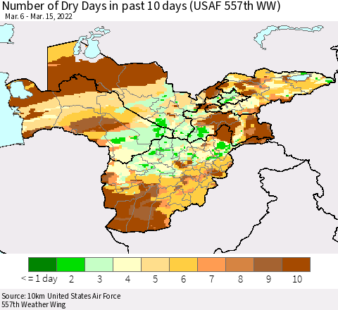 Central Asia Number of Dry Days in past 10 days (USAF 557th WW) Thematic Map For 3/11/2022 - 3/15/2022