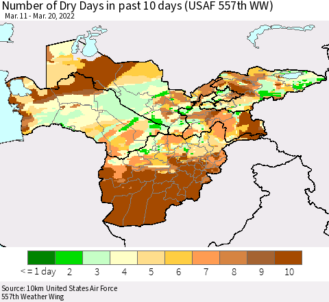 Central Asia Number of Dry Days in past 10 days (USAF 557th WW) Thematic Map For 3/16/2022 - 3/20/2022