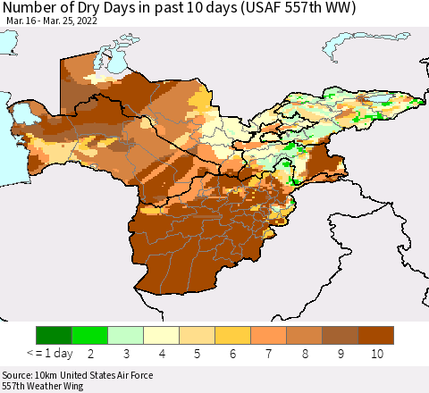Central Asia Number of Dry Days in past 10 days (USAF 557th WW) Thematic Map For 3/21/2022 - 3/25/2022