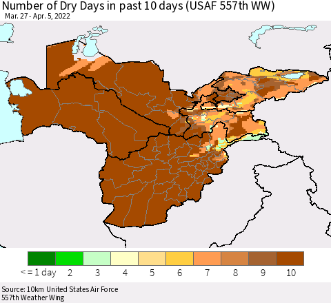 Central Asia Number of Dry Days in past 10 days (USAF 557th WW) Thematic Map For 4/1/2022 - 4/5/2022