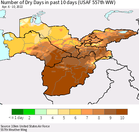 Central Asia Number of Dry Days in past 10 days (USAF 557th WW) Thematic Map For 4/6/2022 - 4/10/2022