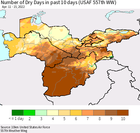 Central Asia Number of Dry Days in past 10 days (USAF 557th WW) Thematic Map For 4/11/2022 - 4/15/2022