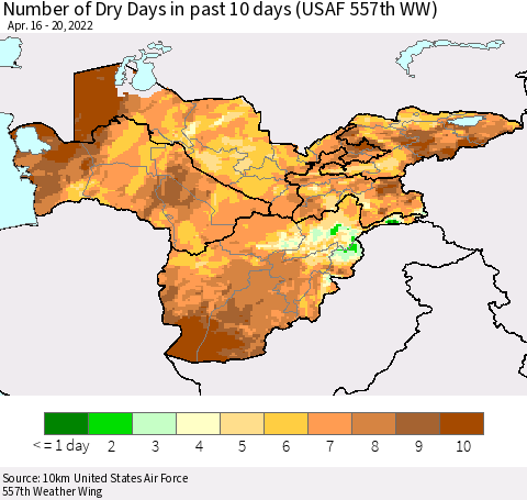 Central Asia Number of Dry Days in past 10 days (USAF 557th WW) Thematic Map For 4/16/2022 - 4/20/2022