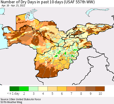 Central Asia Number of Dry Days in past 10 days (USAF 557th WW) Thematic Map For 4/21/2022 - 4/25/2022