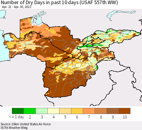 Central Asia Number of Dry Days in past 10 days (USAF 557th WW) Thematic Map For 4/26/2022 - 4/30/2022